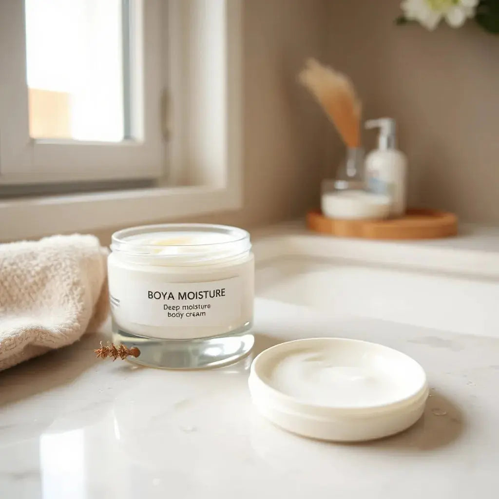 Jar of thick body cream with a smooth cream dollop on a clean countertop in soft natural light