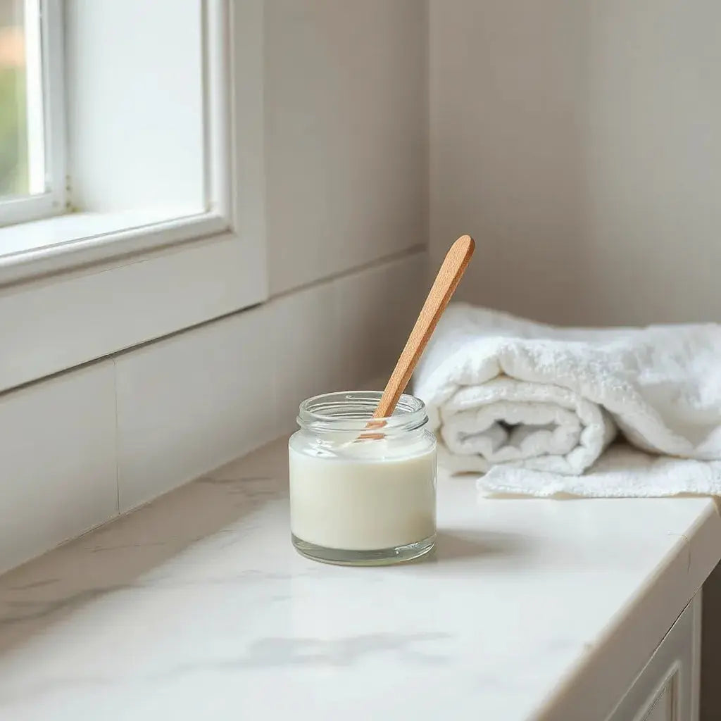 Jar of moisturizing body cream on a clean bathroom counter with soft natural light