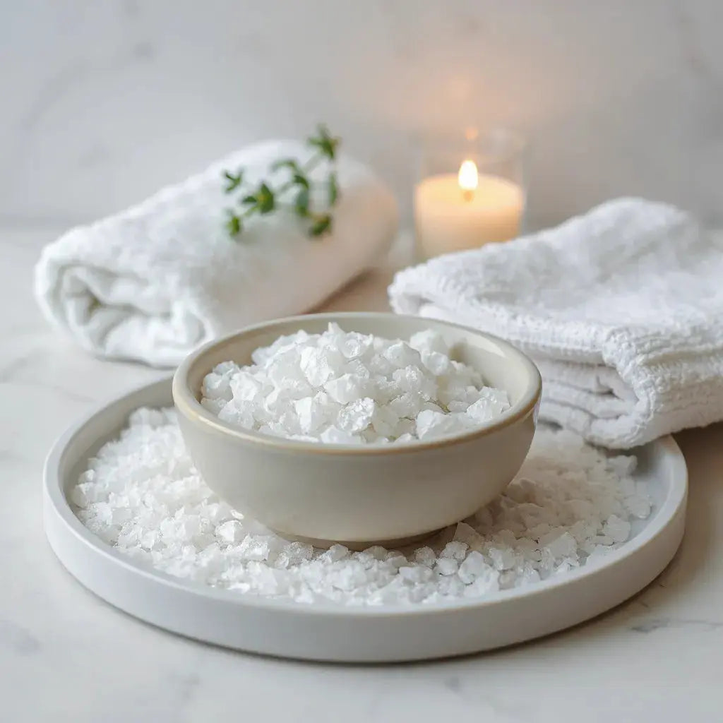 Shimmering bath salts in a ceramic bowl with a towel and eucalyptus leaves on a spa tray