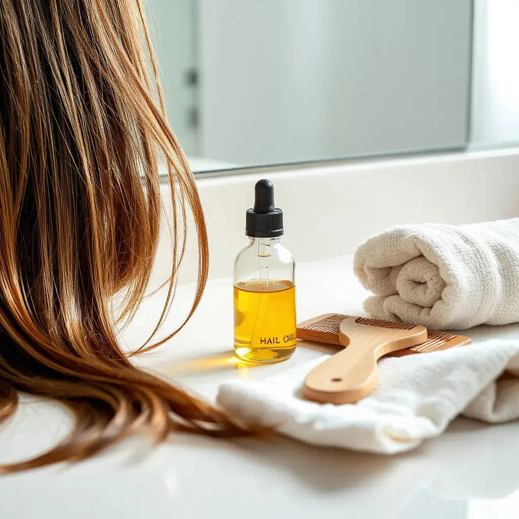 Healthy glossy hair strands with a wooden comb, microfiber towel, and dropper bottle on a clean counter