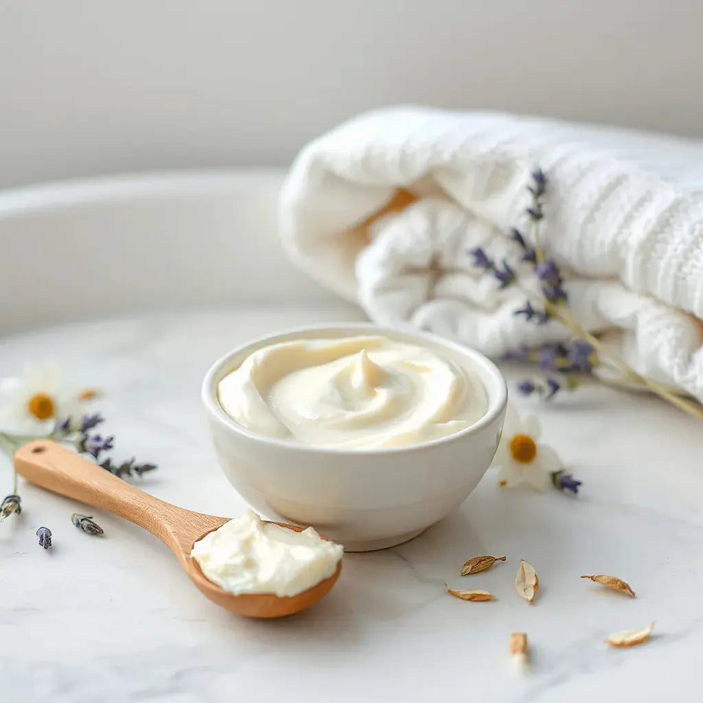 Thick healing body butter in a ceramic bowl with a wooden spoon, cream texture, and soothing natural herbs.