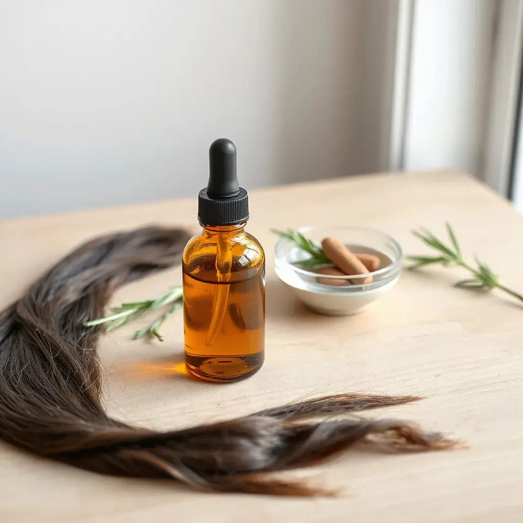 Amber hair growth oil bottle with dropper beside rosemary sprigs and glossy hair strands