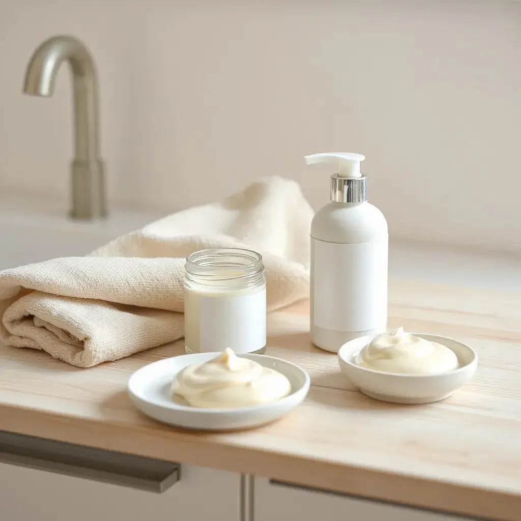 Minimal skincare scene with a jar and pump bottle of creamy body cream on a light wooden surface