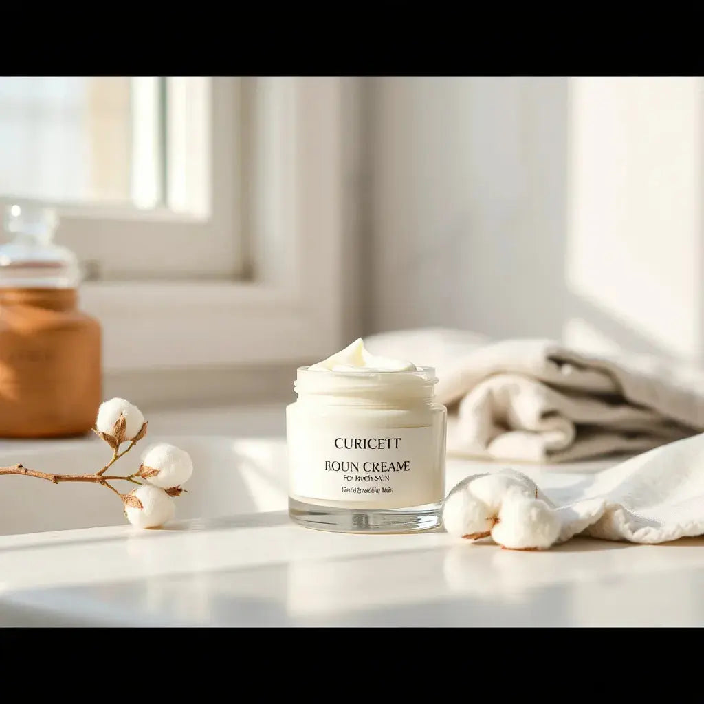 Rich cream jar and soft cloth on a clean vanity under natural window light