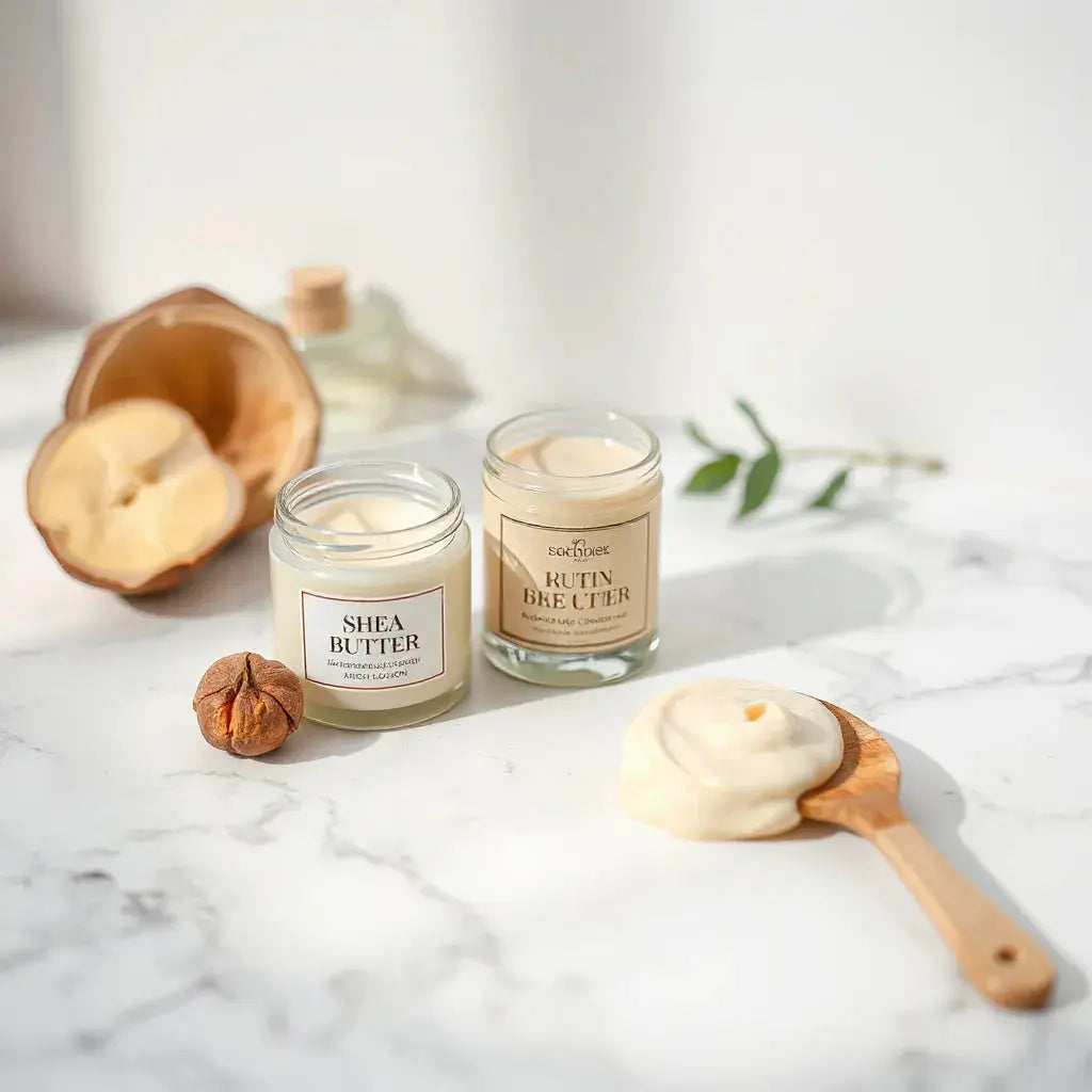 Jar and bottle of creamy shea butter lotion with shea nuts on a white marble surface