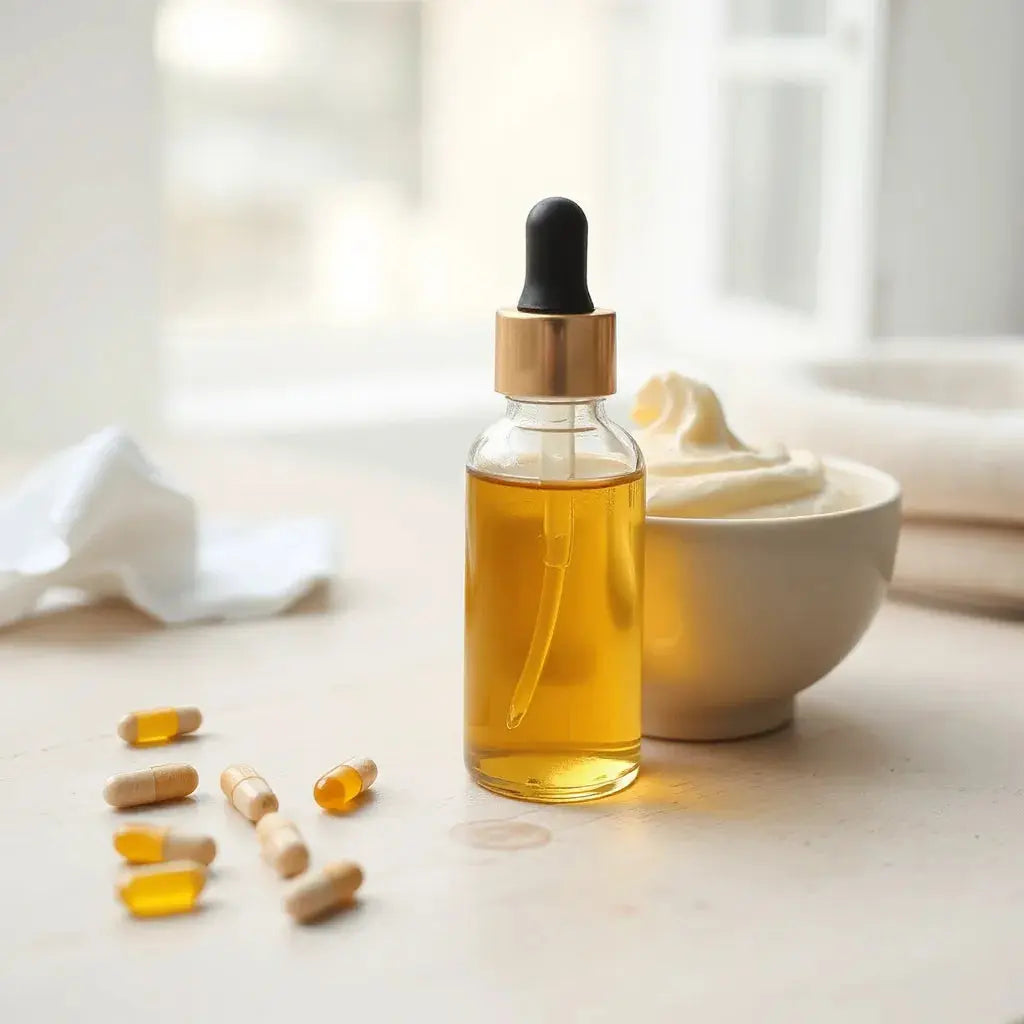 Golden vitamin E oil dropper and creamy lotion on a light wood surface with soft skincare props
