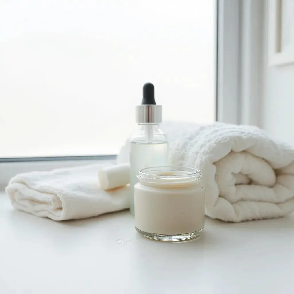 Ceramic moisturizer jar and glass dropper bottle with soft water droplets in bright bathroom lighting