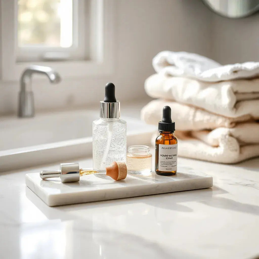 Serum and moisturizer on a bright vanity with soft morning light for a dewy skincare glow