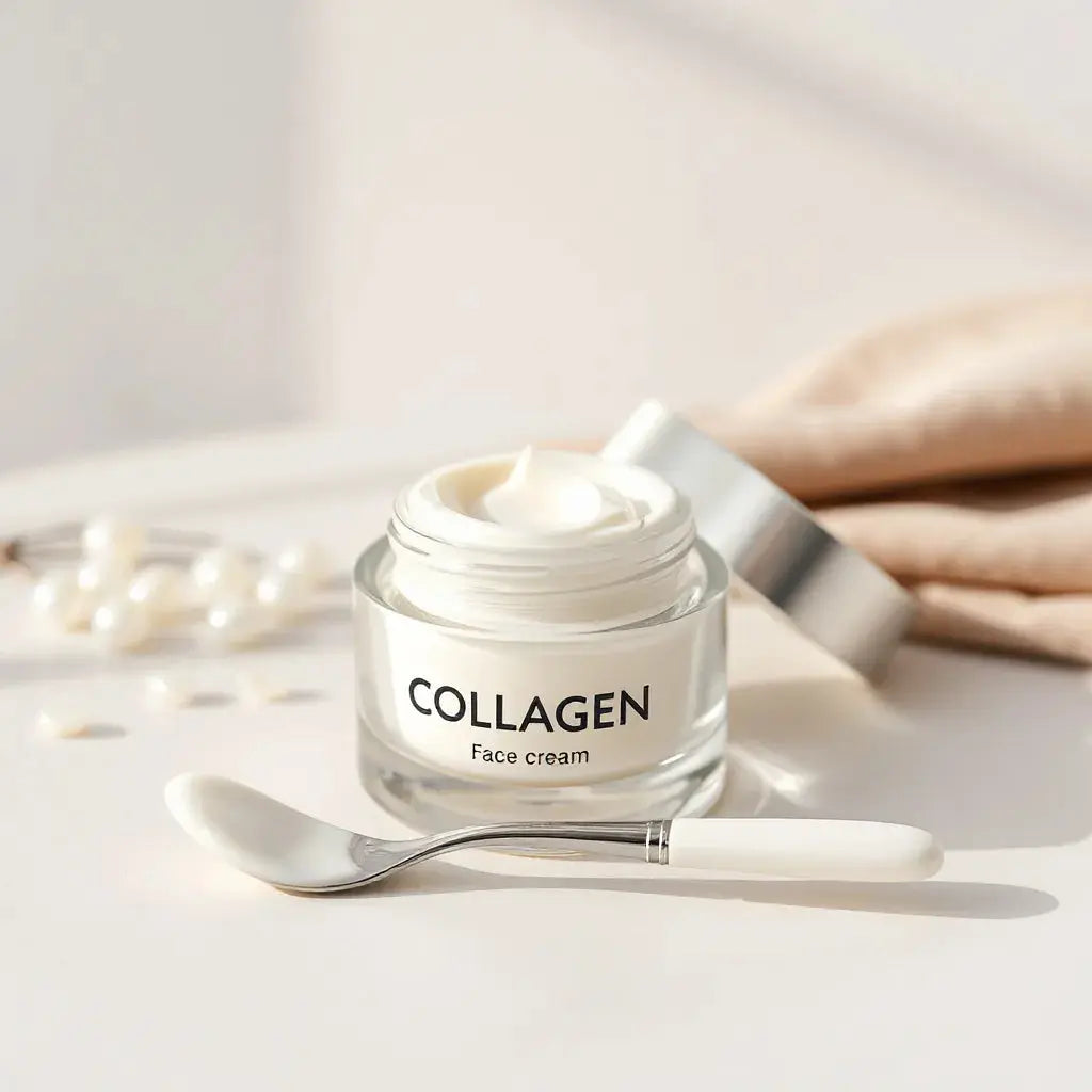 Glass jar of collagen face cream with a creamy scoop and soft natural light on a clean vanity