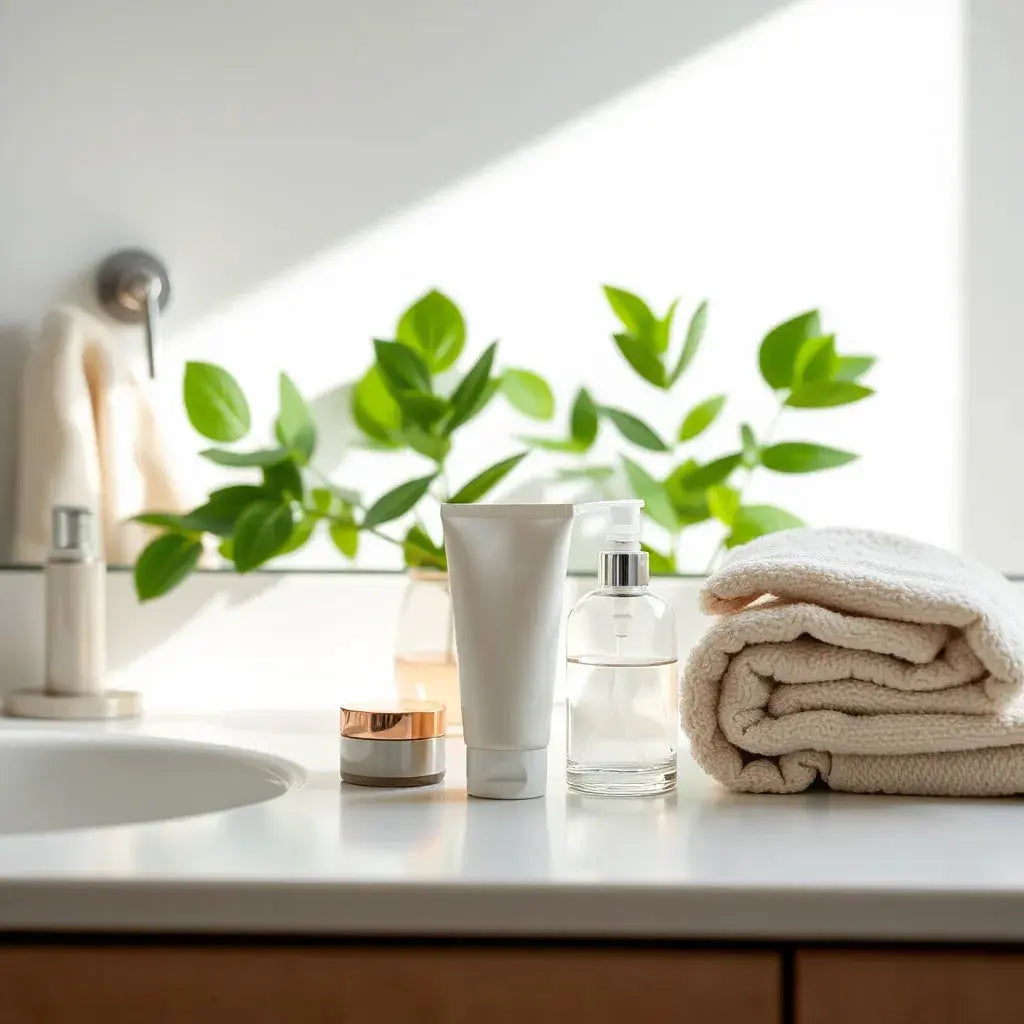 Skincare products and towel on a bathroom vanity with soft natural light
