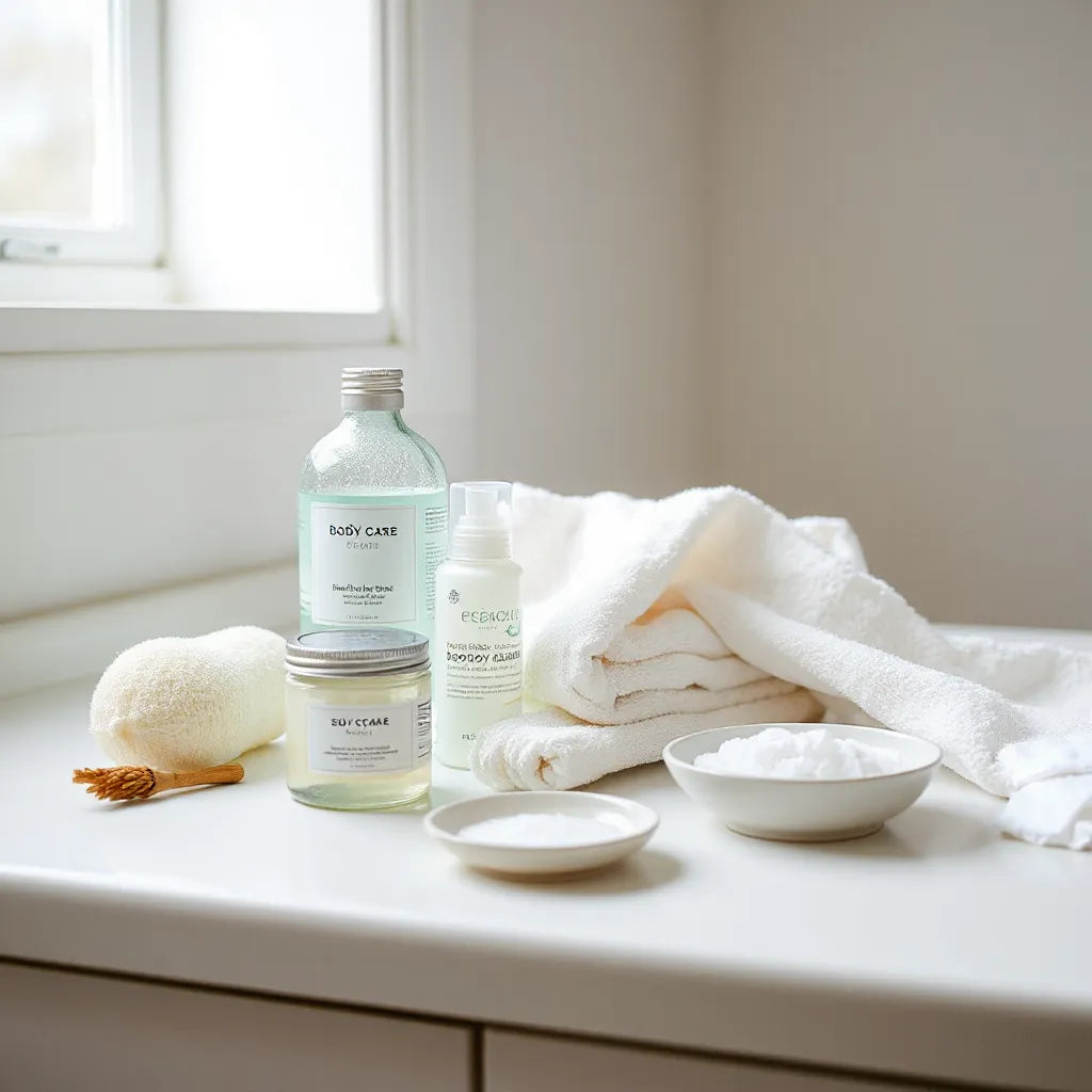 Body care essentials arranged on a clean bathroom counter with lotion, body wash, loofah, and towel
