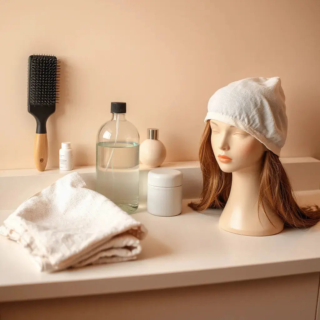 Vanity essentials for wig and weave upkeep with brush, microfiber cloth, and wig on a mannequin head