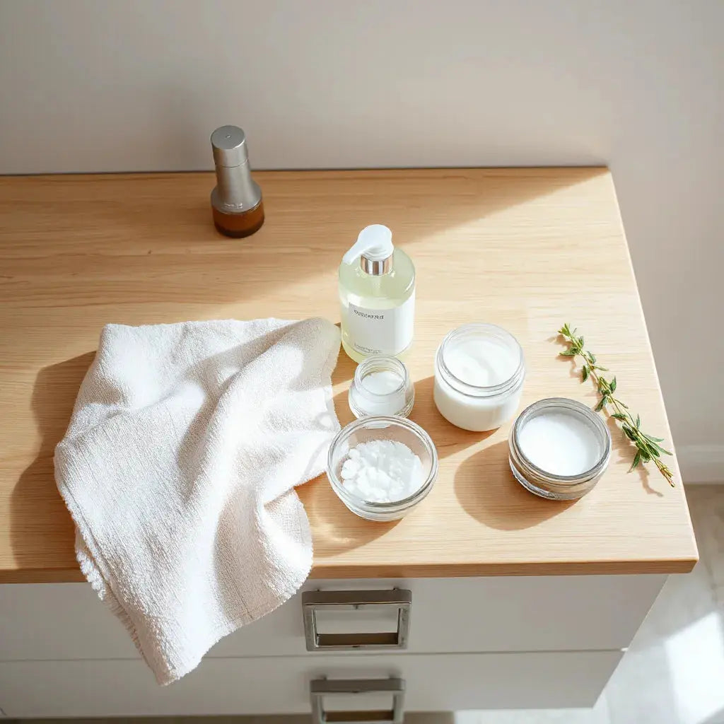 Body wash, lotion, and exfoliating cloth arranged neatly on a clean vanity