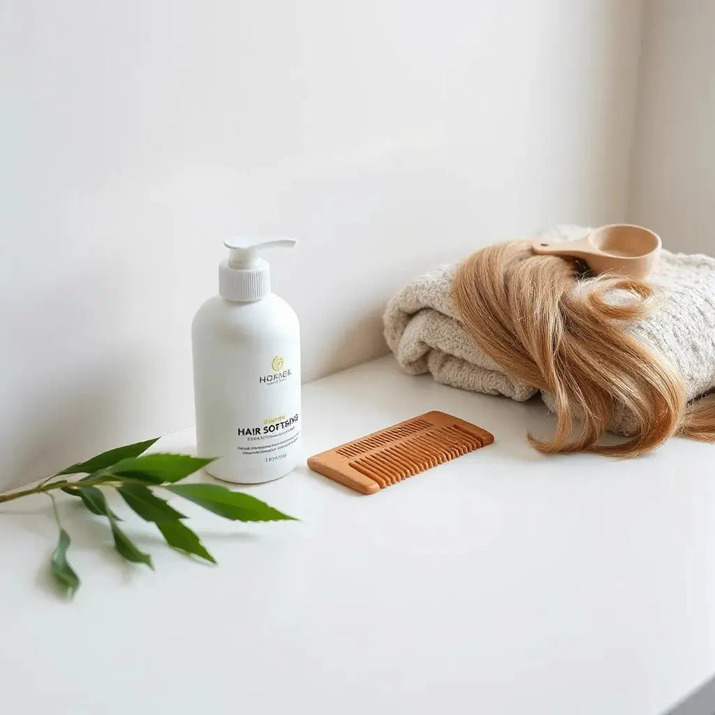 Hair softening bottles, a conditioner pump, microfiber towel, and a wooden comb on a clean countertop