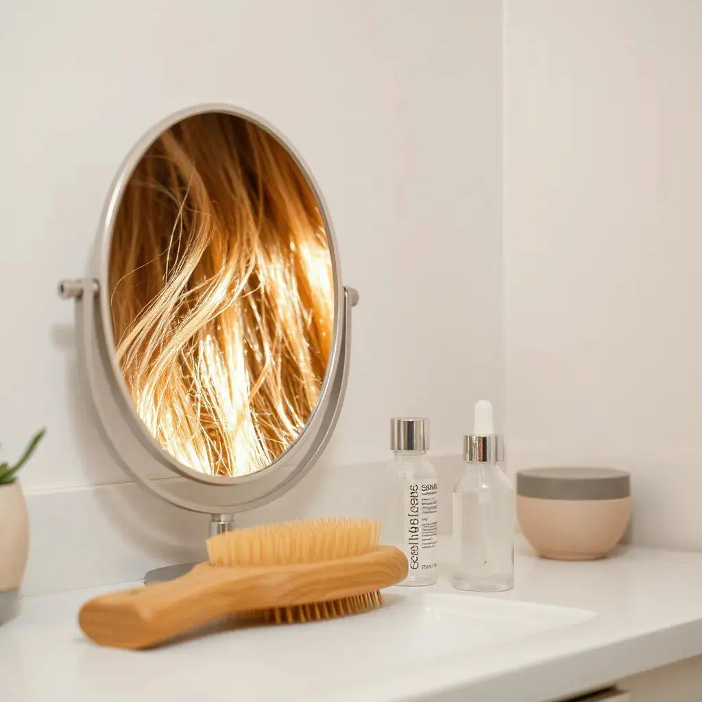 Healthy hair strands with natural glow and a minimal skincare setup on a bright vanity.