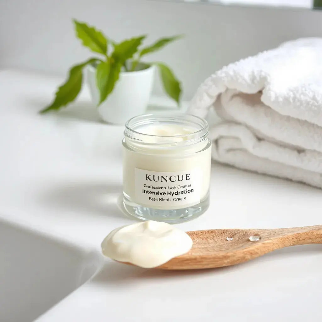 Jar of intensive hydration cream with creamy texture on a spatula beside water droplets