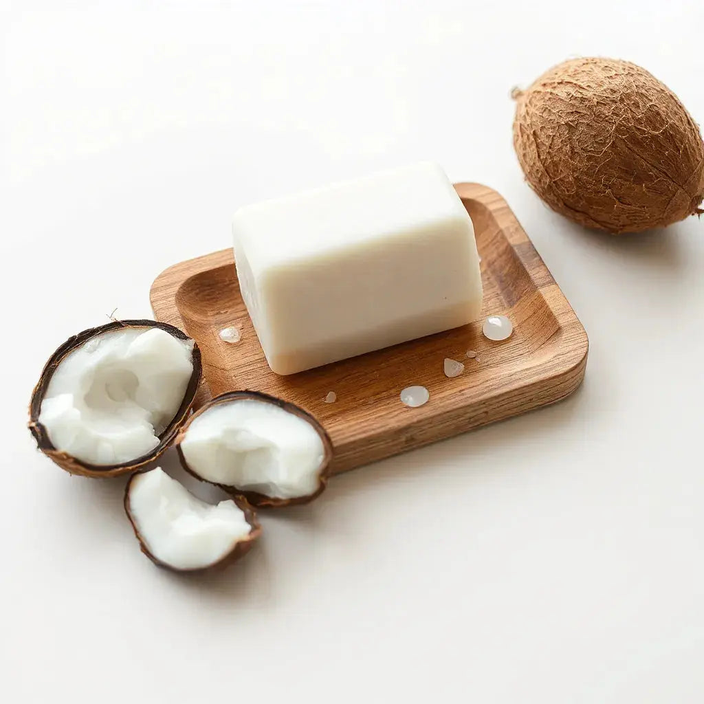 Artisan bar of organic coconut milk soap on a wooden dish with coconut halves and milk droplets