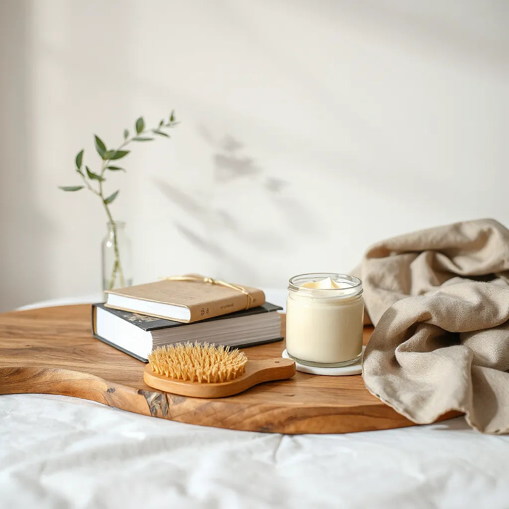 Stack of lifestyle books with natural hair care tools and body cream jar on a wooden table