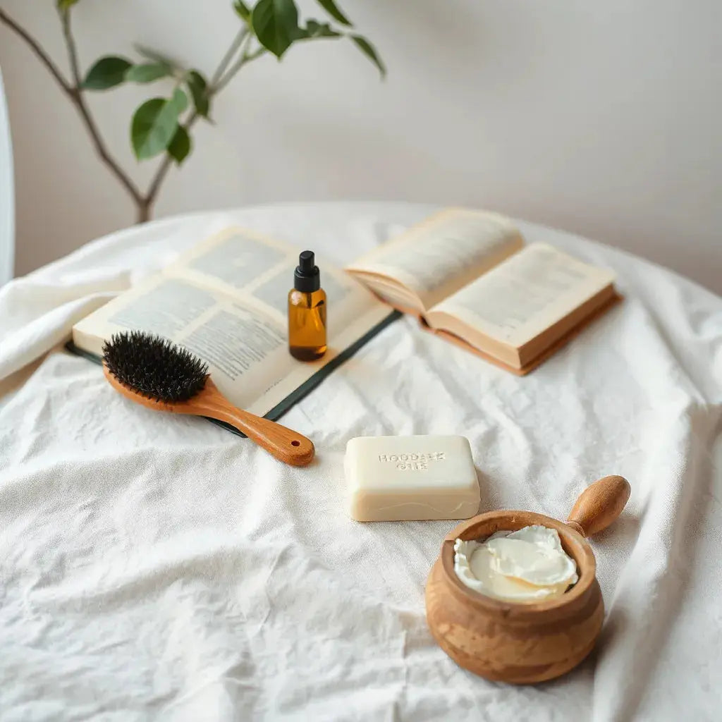 Open books beside natural hair and body care items on a light linen cloth
