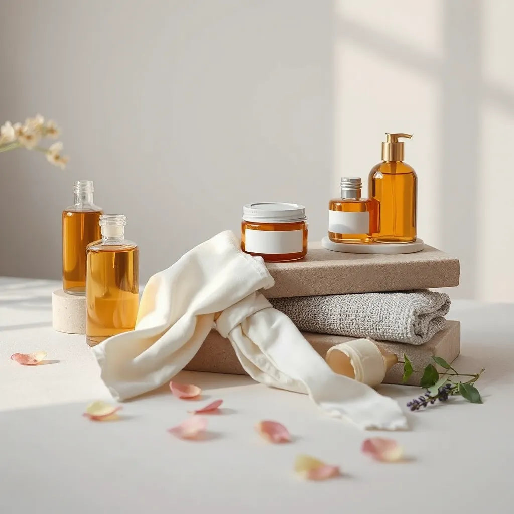 Elegant body care bottles and jars on a stone pedestal with soft towels and botanicals in natural light