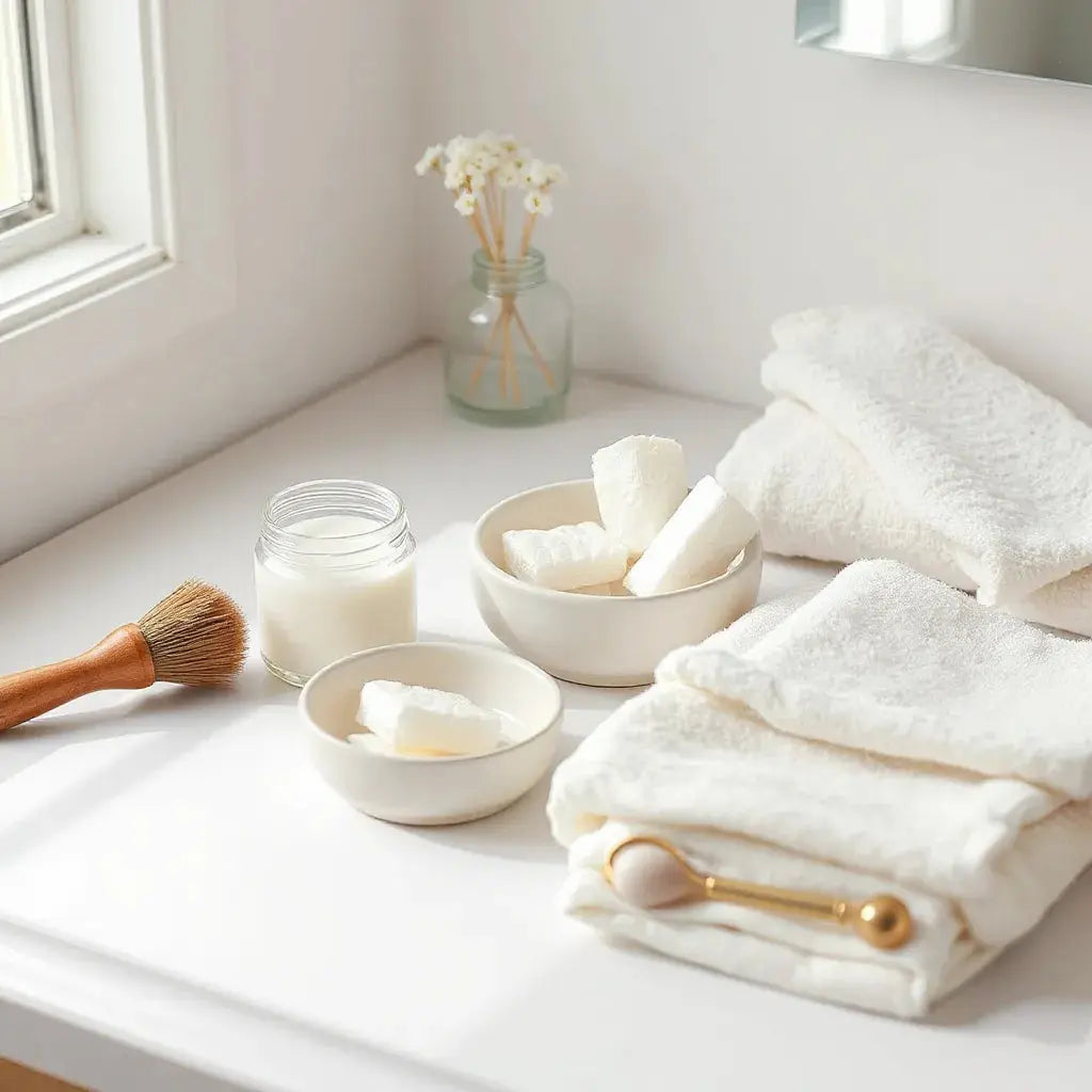 Minimal skincare routine with moisturizer, cleanser, serum dropper, cotton pads, and soft towels on a vanity