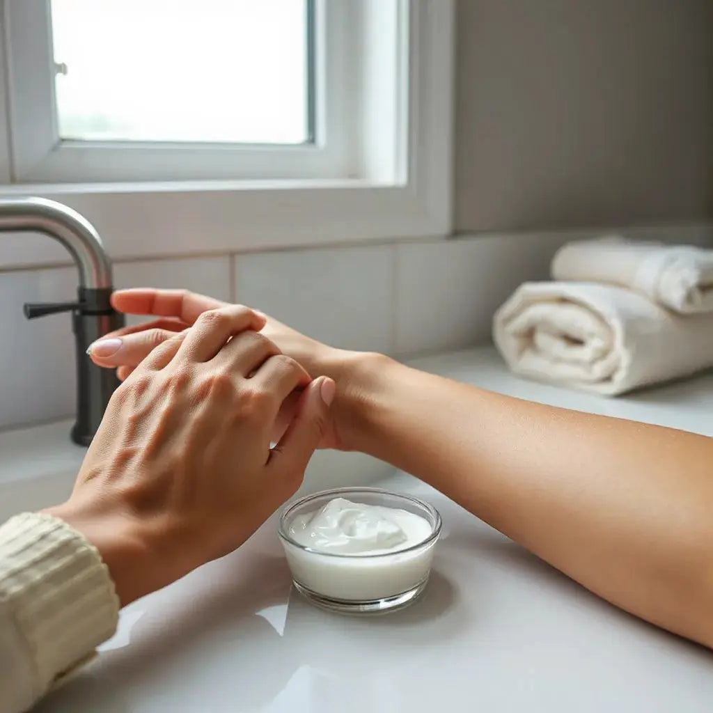 Person applying thick moisturizer to dry, rough forearm skin under soft natural light