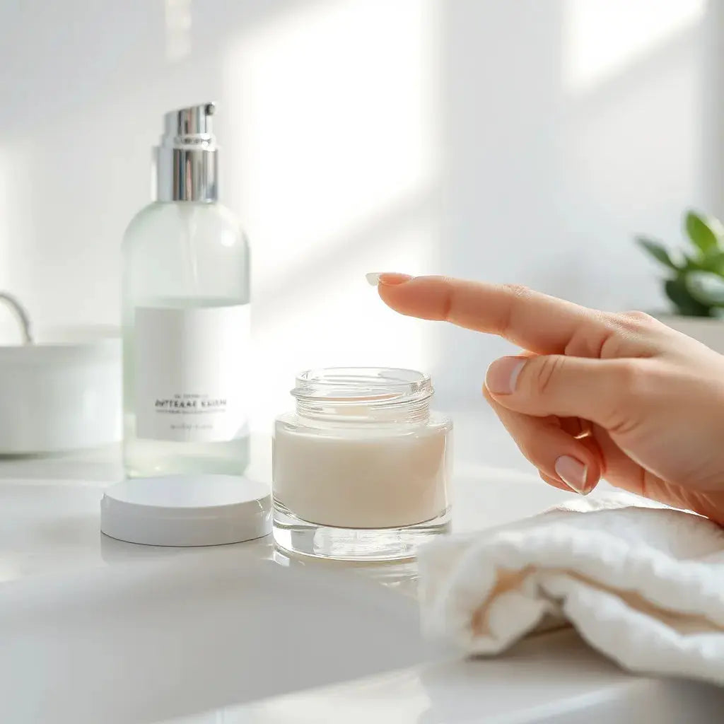 Glass jar of anti-aging skin cream with skincare products on a minimal vanity under soft natural light