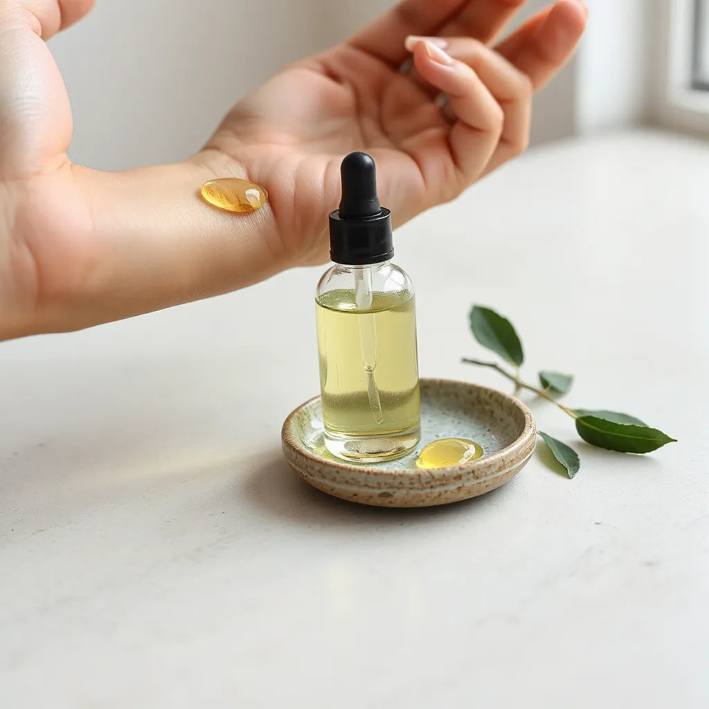 Glass dropper bottle of body essence oil with a hand applying drops to forearm for a hydrated glow