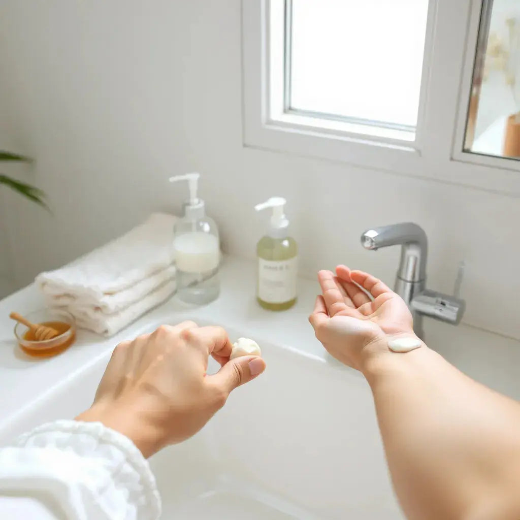 Hand applying moisturizer to smooth, glowing skin on a bathroom vanity with a towel and pump bottle