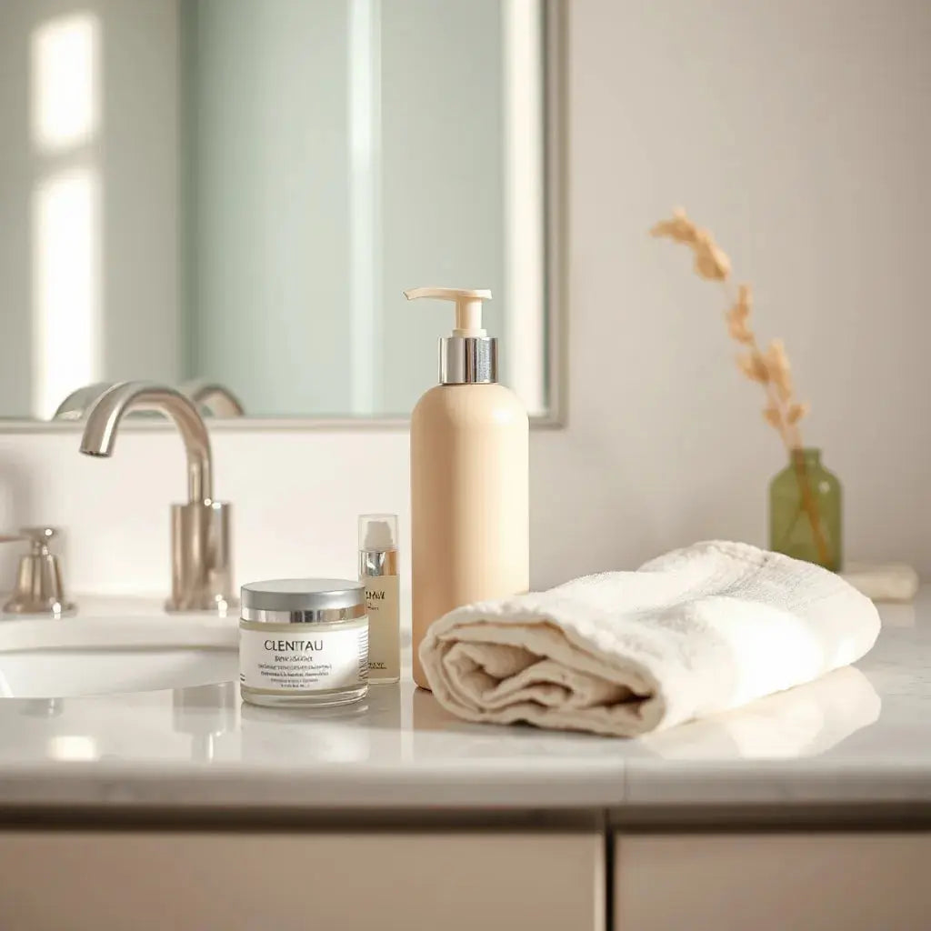 Moisturizing lotion and body cream arranged on a clean vanity with a soft towel