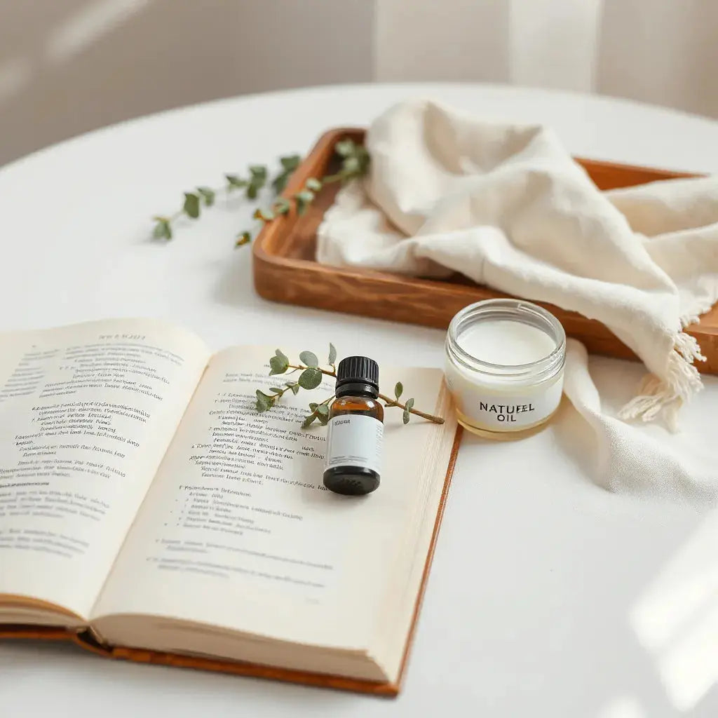 Open beauty book with natural hair and body care products, botanicals, and warm linen on a wooden table