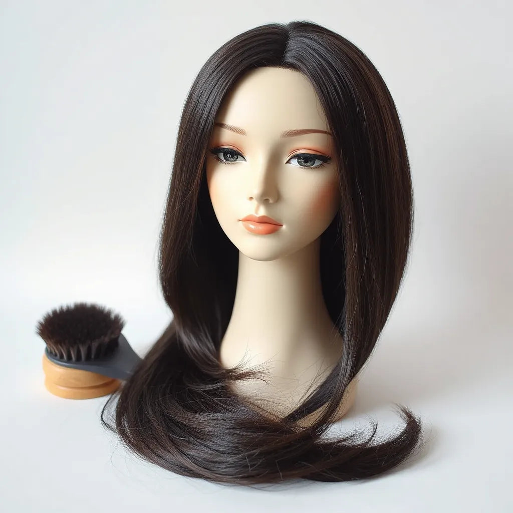 Sleek human hair wig on a mannequin head with realistic texture and natural lighting