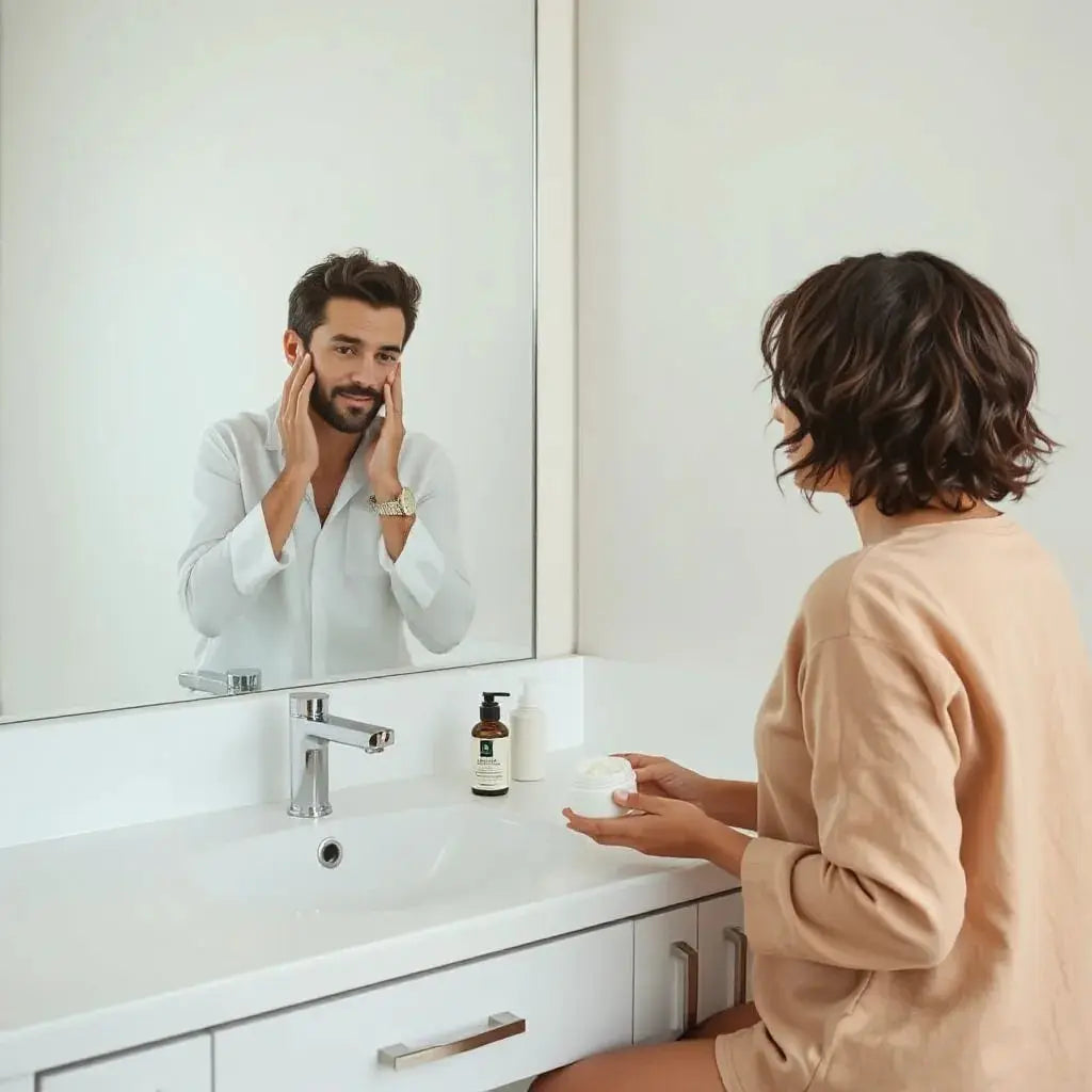 Two people applying simple face skincare products at a clean bathroom vanity in soft natural light