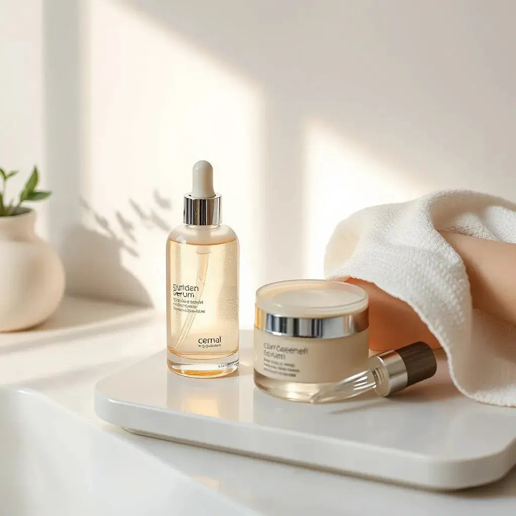 Skincare bottles and cream on a bright vanity with natural dewy light