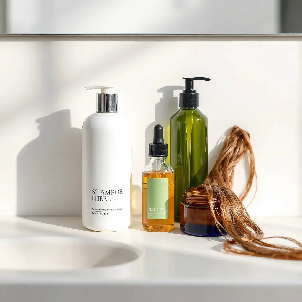 Nourishing hair care products on a clean vanity with glossy strands and soft natural light