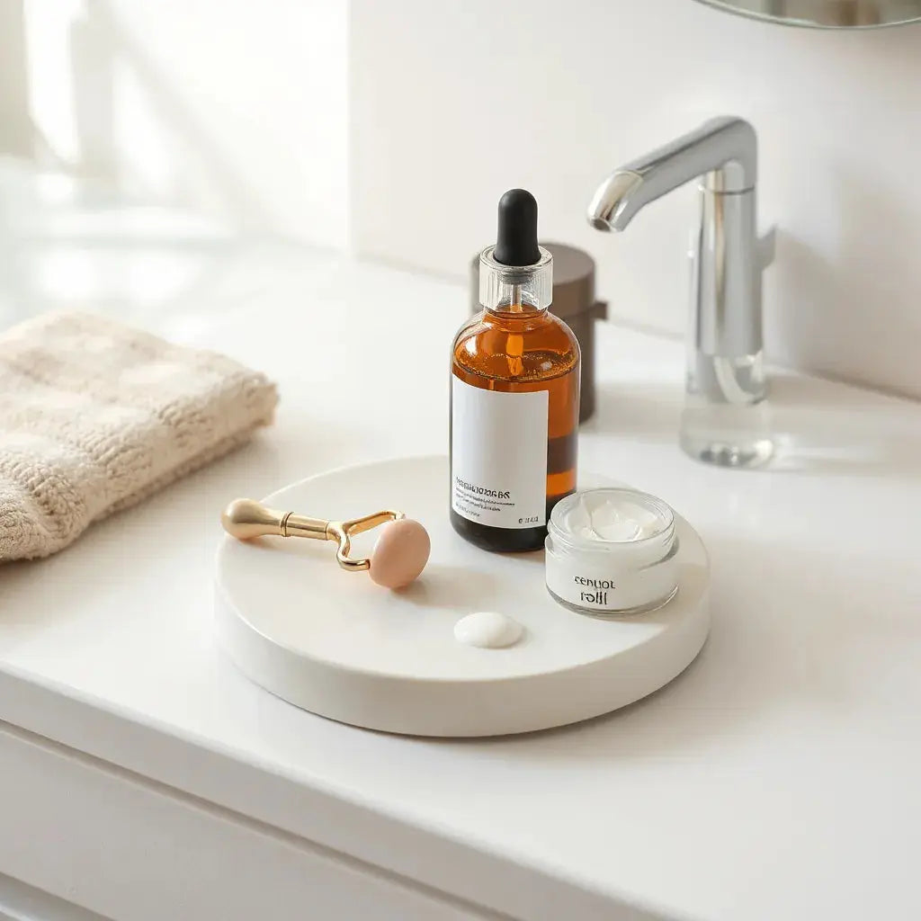 Serum dropper and moisturizer on a clean vanity with soft cream swatches