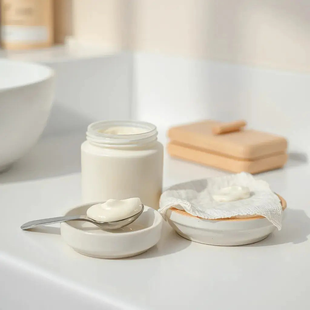 Deep moisture cream jar on a clean vanity with a scoop and a soft cream smear beside it