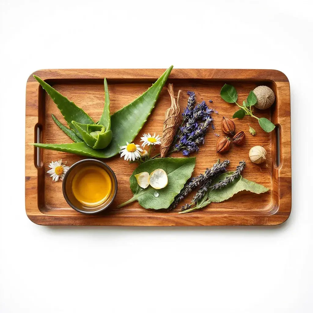 Assorted fresh plant ingredients and plant oils arranged on a wooden tray under soft natural light