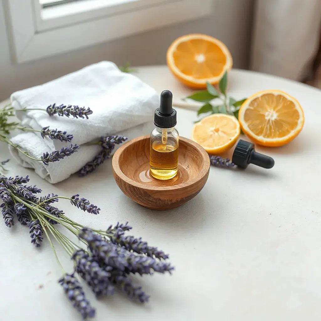 Essential oil drops in a wooden bowl with lavender sprigs and citrus slices on a neutral surface