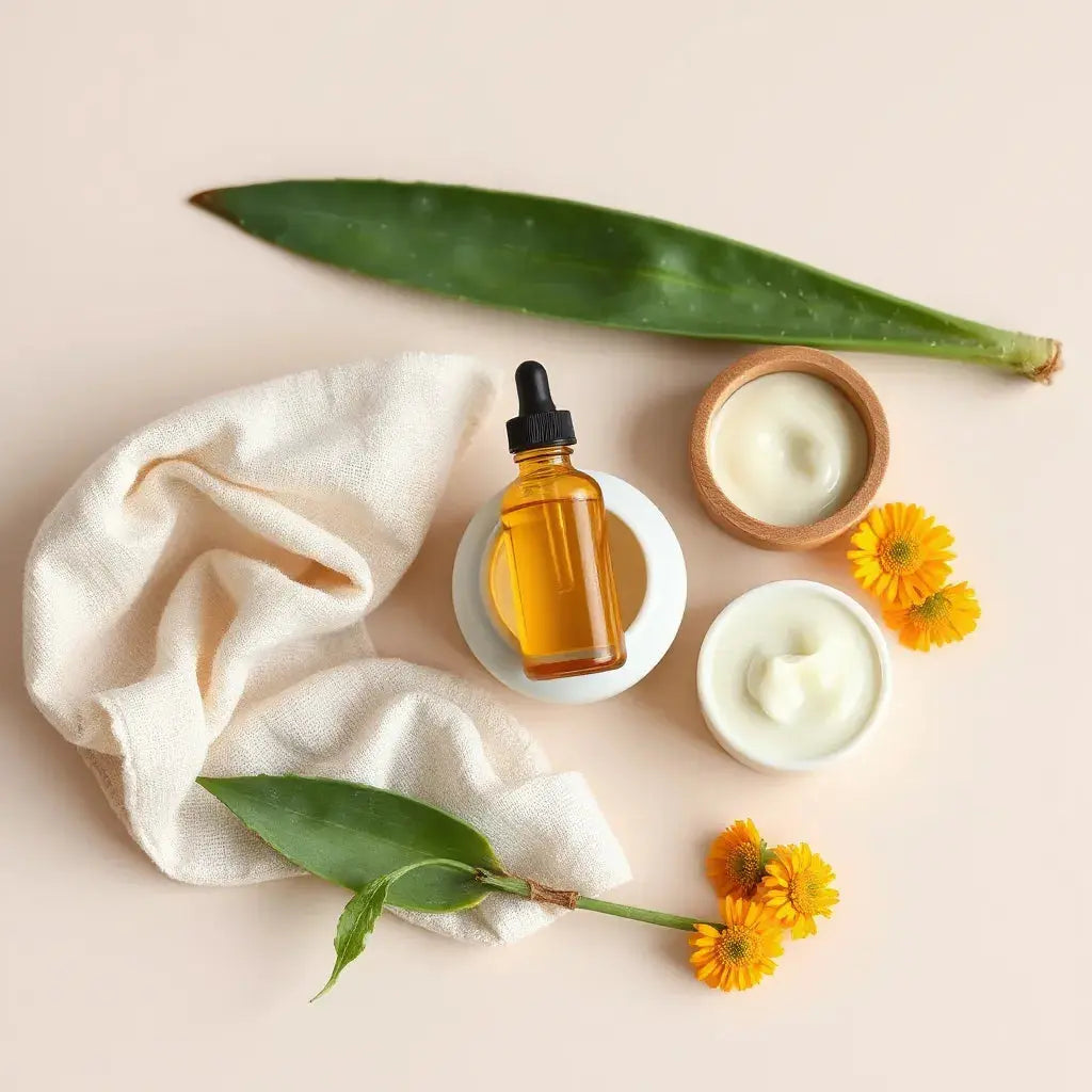 Glass dropper serum and cream jar with aloe and calendula on a light neutral surface