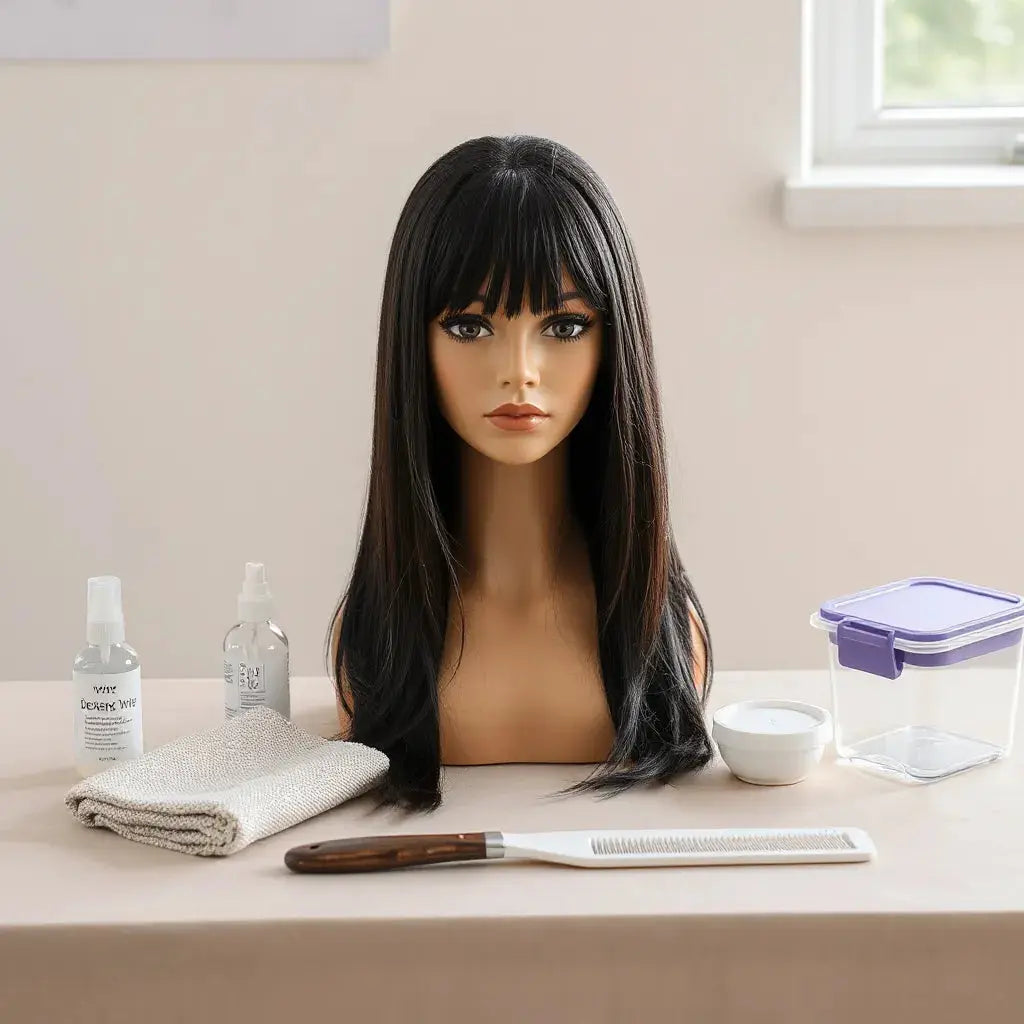 Wig care essentials laid out beside a mannequin head wearing a neat wig