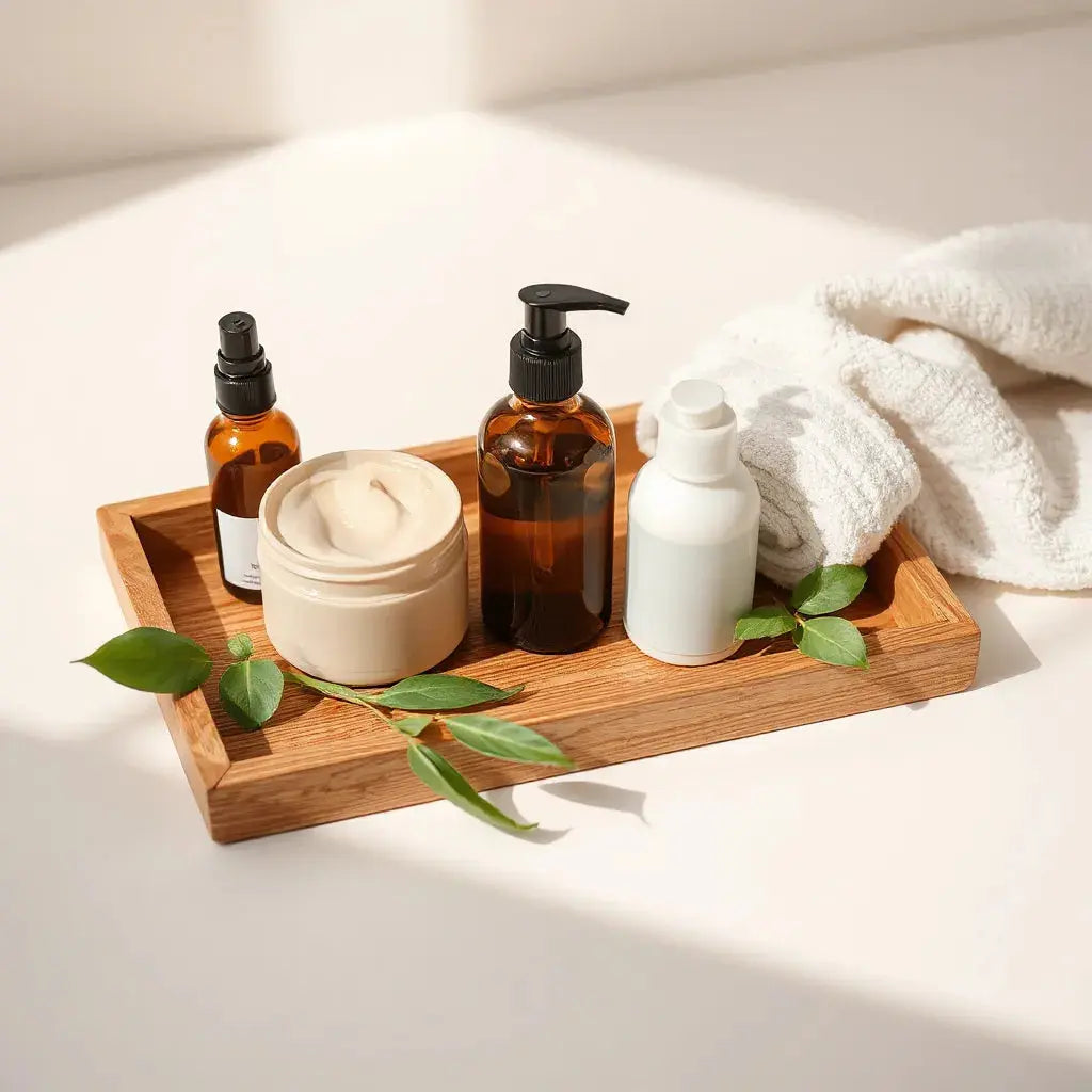 Natural hair care products on a wooden tray with oil bottle, hair mask jar, and botanical leaves