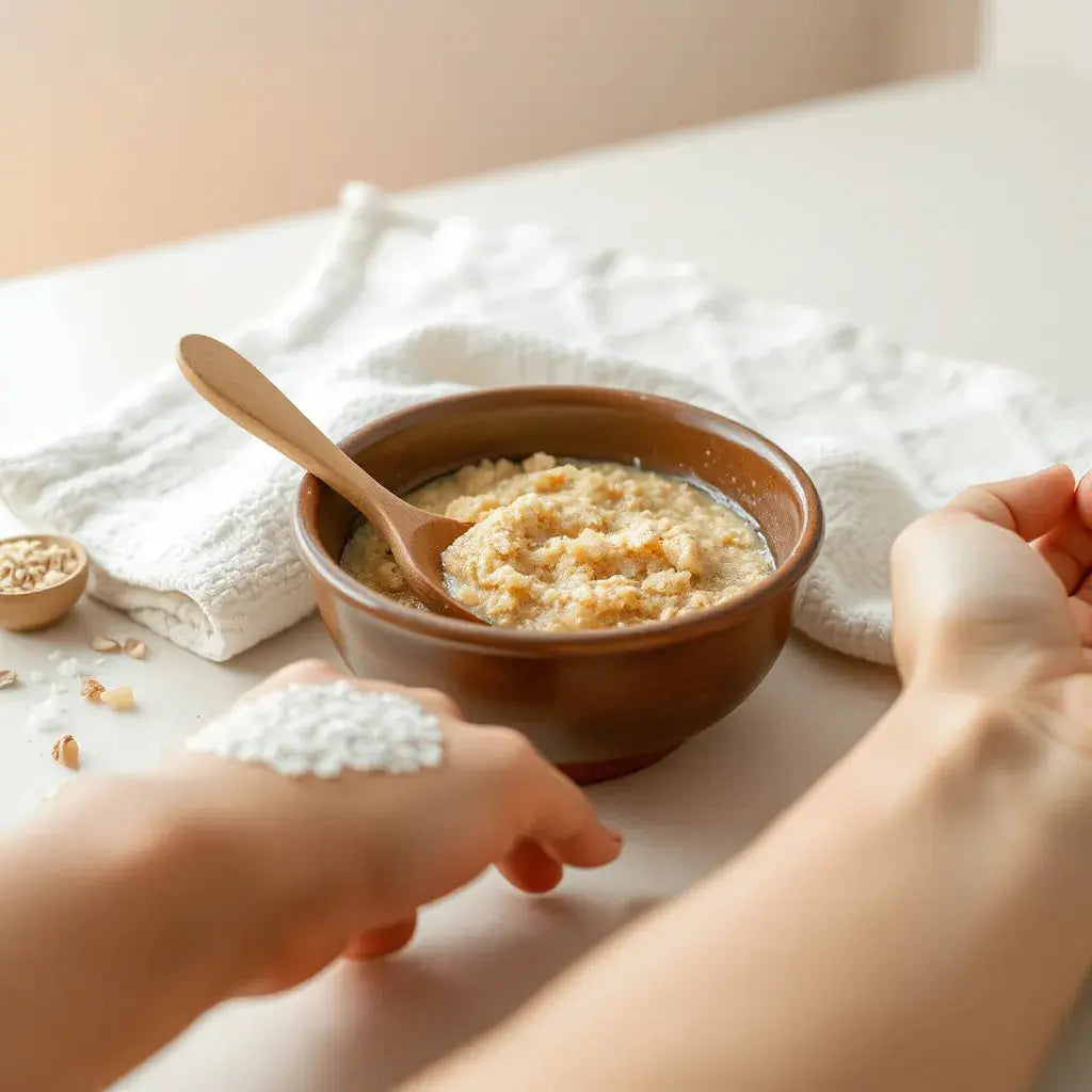 Hand applying exfoliating body scrub with granules in a ceramic bowl on a clean bathroom counter
