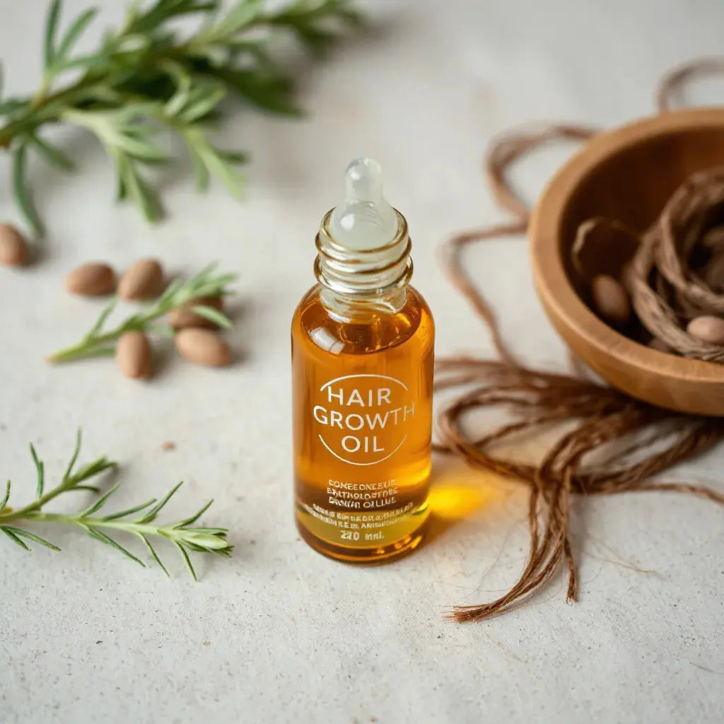 Glass dropper bottle of hair oil beside rosemary and healthy hair strands on a clean neutral background