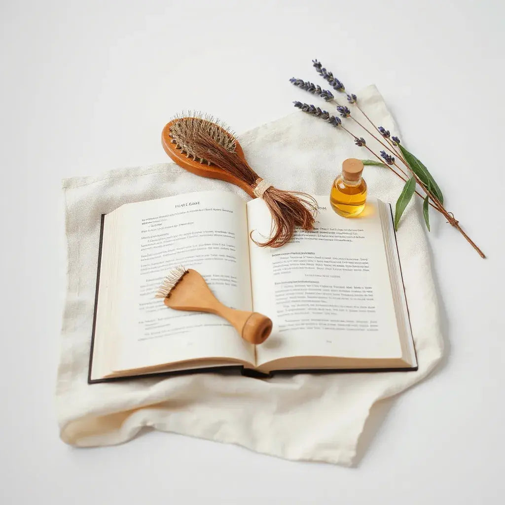Open book beside hair care brush and natural body oil with soft botanicals