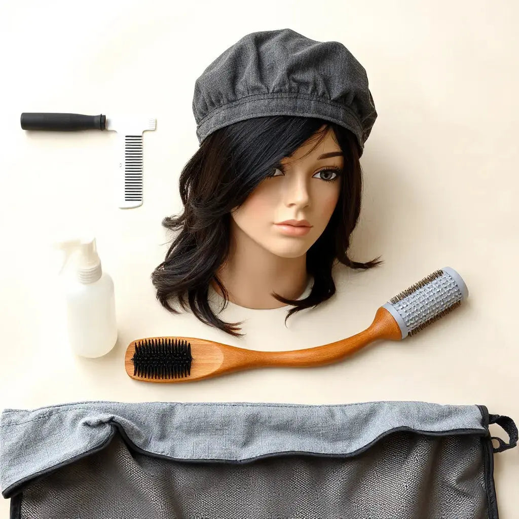 Wig and weave care tools arranged with a wig on a mannequin head, comb, brush, and microfiber towel.