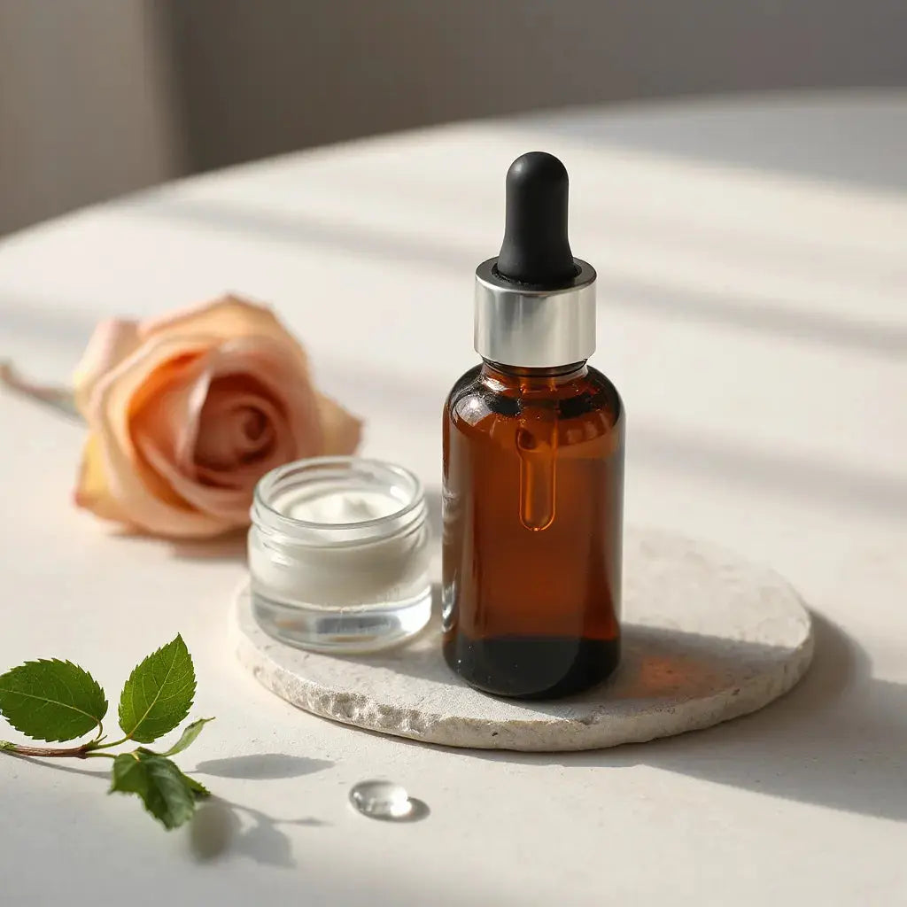 Glass dropper serum bottle with small droplets and minimal skincare jars on a pale stone surface