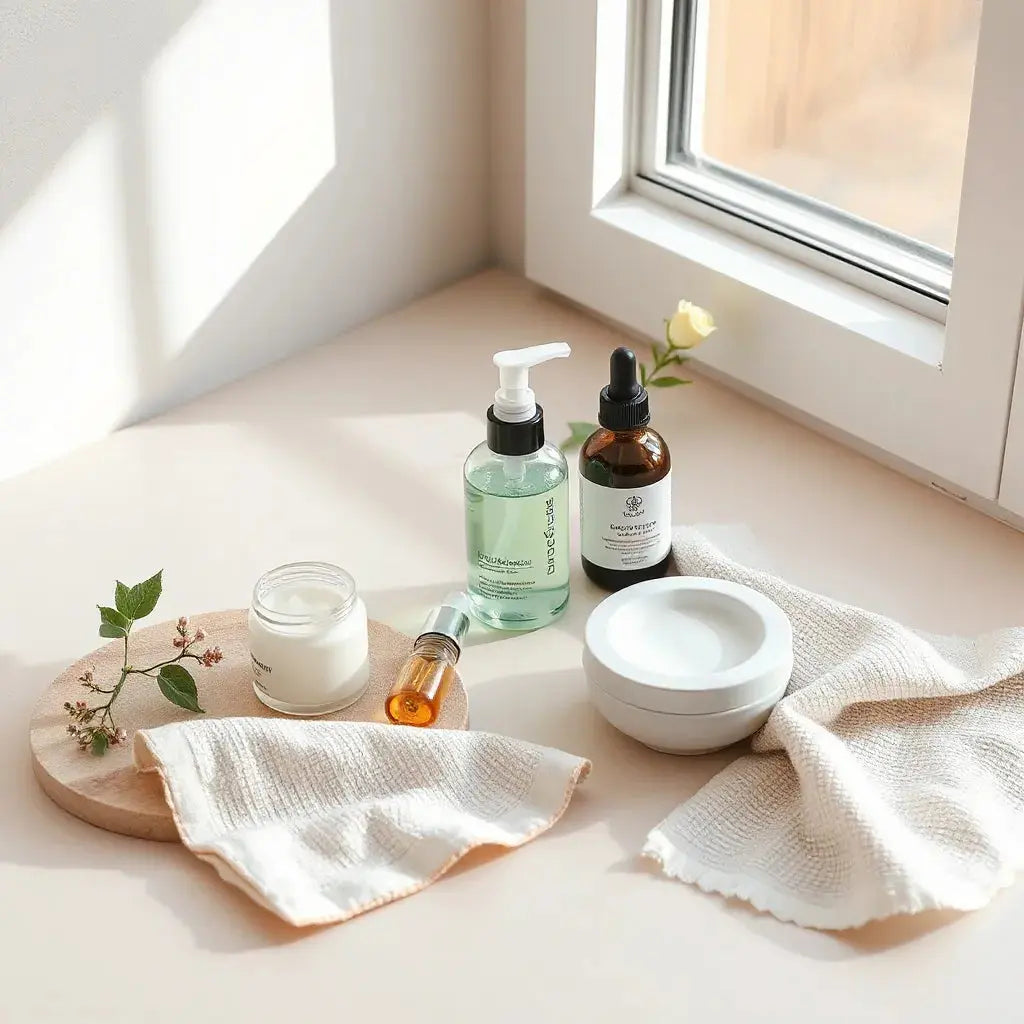 Curated self-care items from a starter set arranged neatly on a light countertop with soft natural lighting.