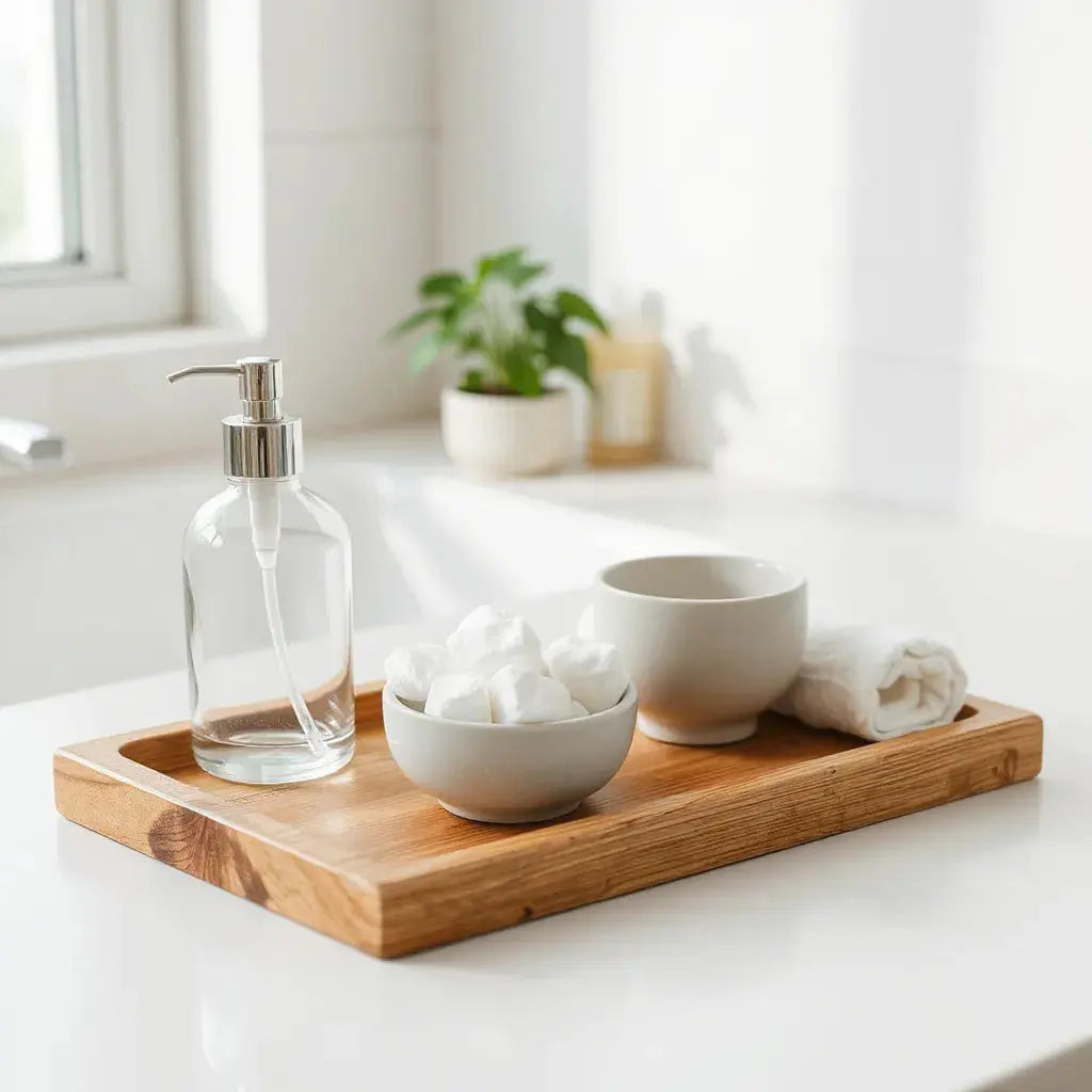 Minimal skincare products and cotton pads arranged on a bright bathroom counter