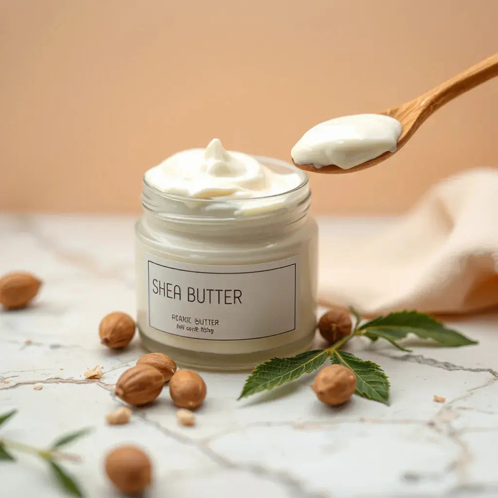 Jar of shea butter cream with a spoon holding a smooth dollop beside shea nuts and leaves